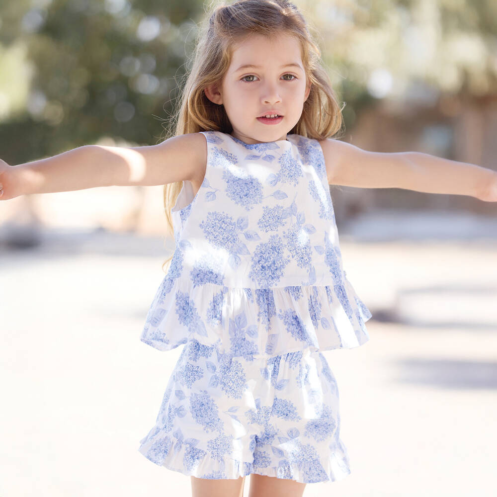 Tartine et Chocolat-Girls Ivory & Azure Floral Ensemble | Childrensalon Outlet