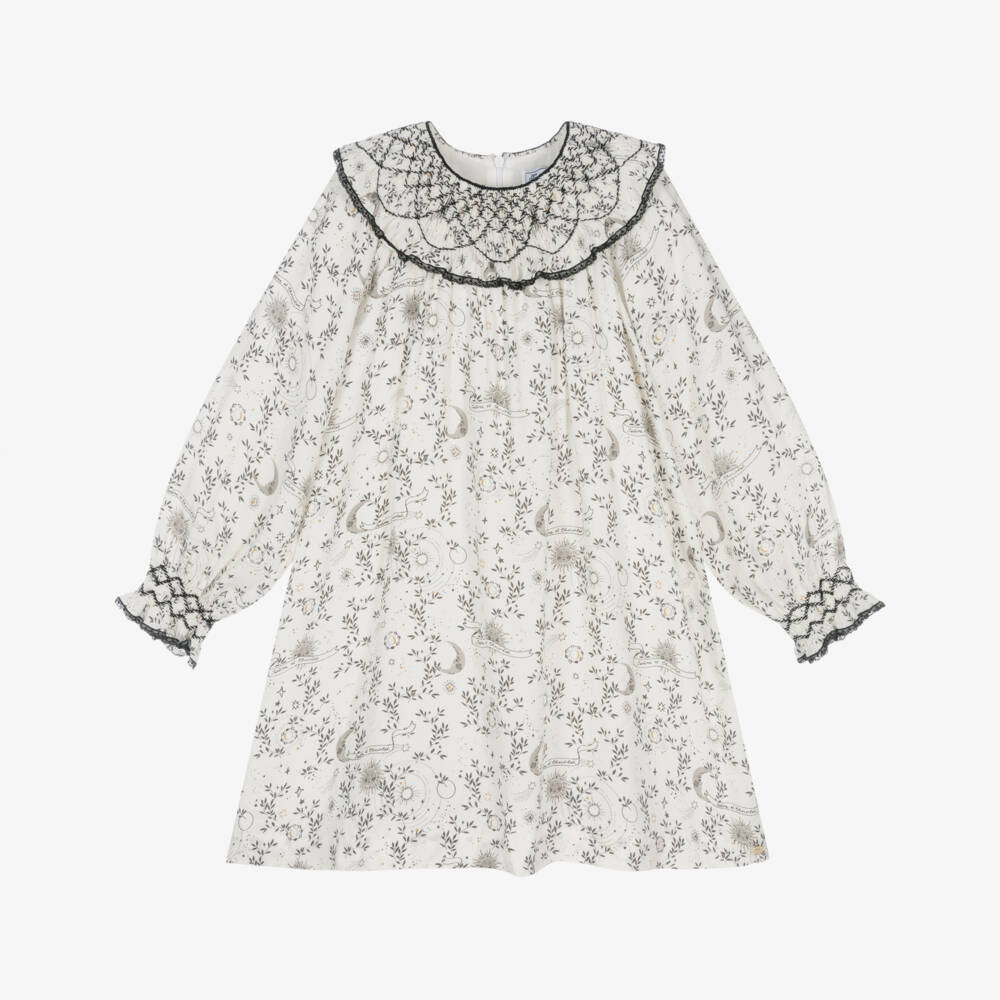 Tartine et Chocolat-Girls Ivory & Black Lace Hand-Smocked Crêpe Dress | Childrensalon Outlet