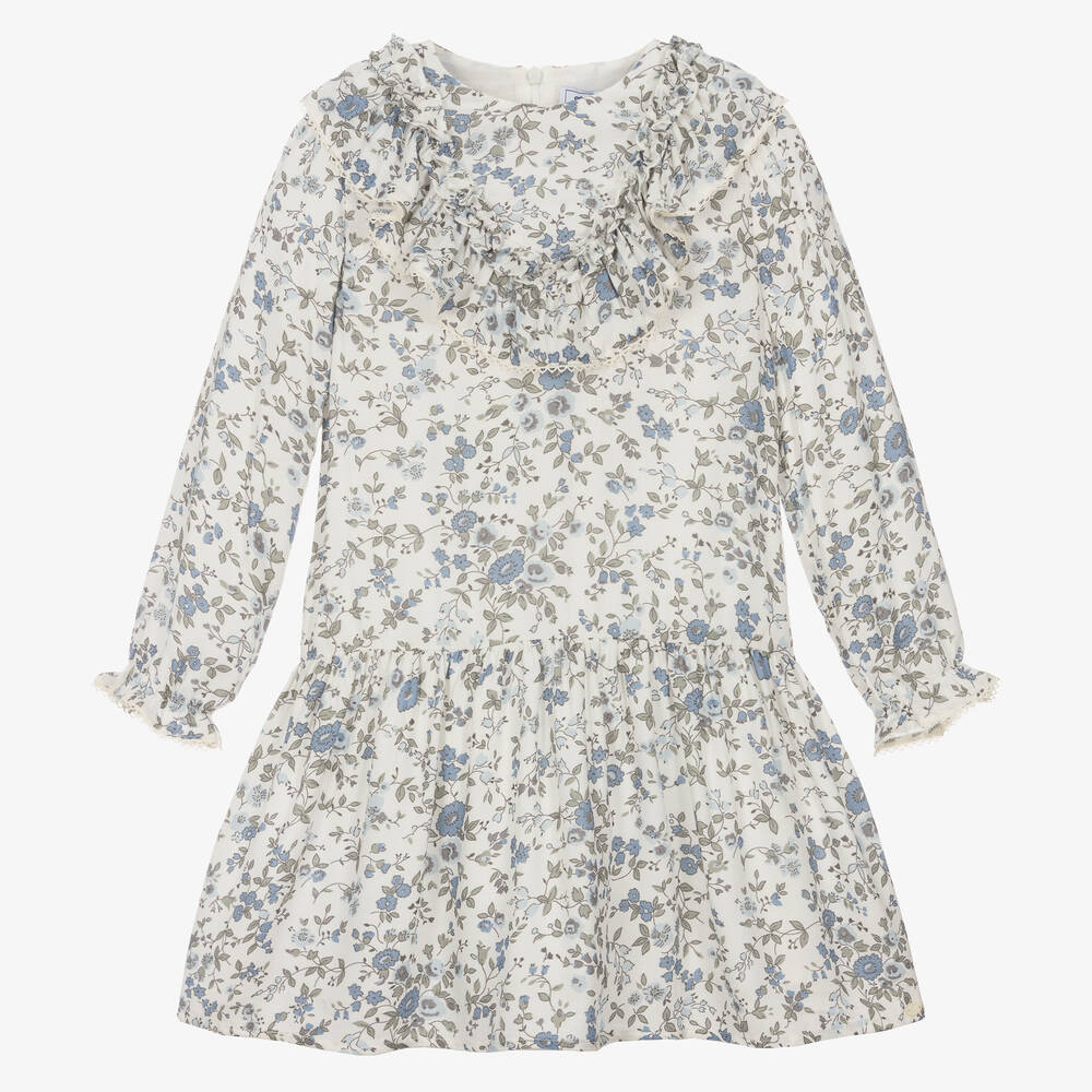 Tartine et Chocolat - Girls Ivory & Blue Crêpe Floral Dress | Childrensalon