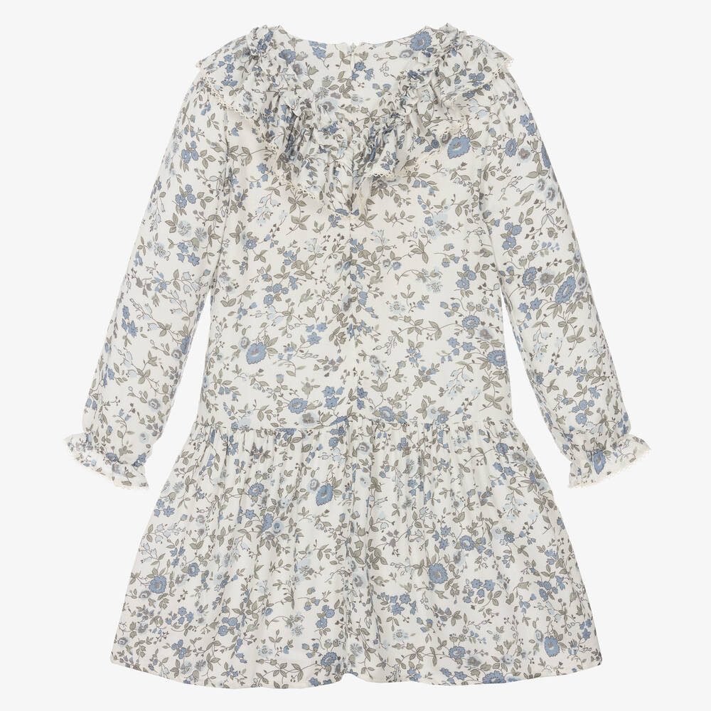 Tartine et Chocolat-Girls Ivory & Blue Crêpe Floral Dress | Childrensalon Outlet