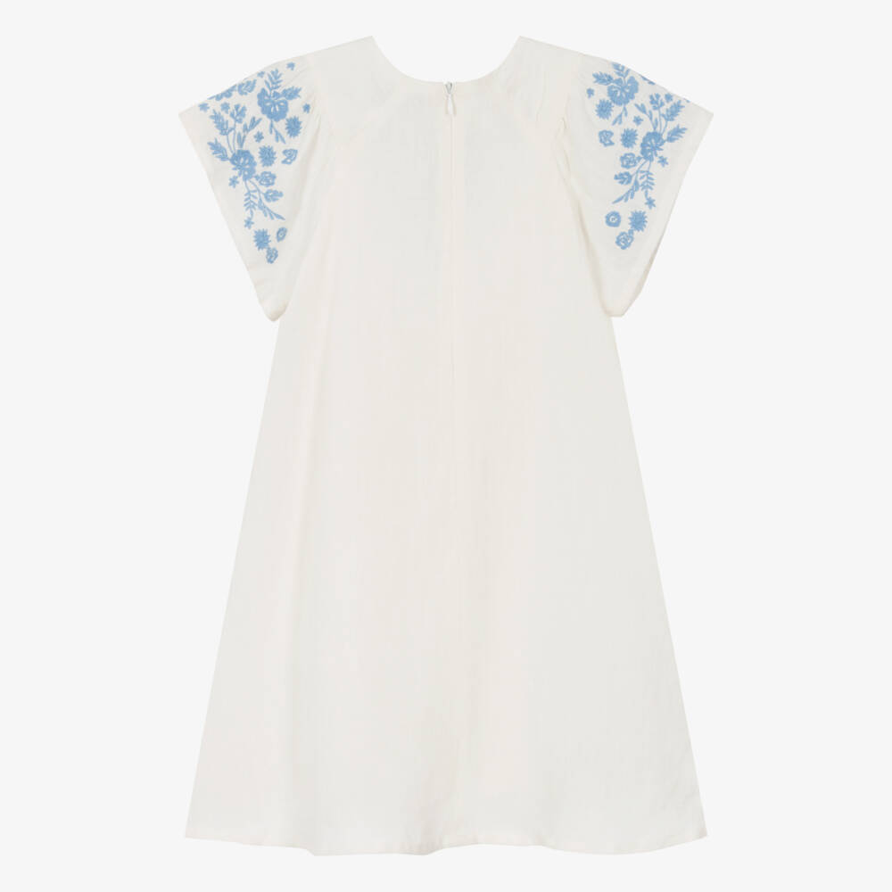 Tartine et Chocolat-Girls Ivory & Blue Floral Linen Dress | Childrensalon Outlet
