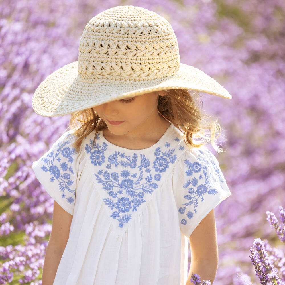 Tartine et Chocolat-Girls Ivory & Blue Floral Linen Dress | Childrensalon Outlet