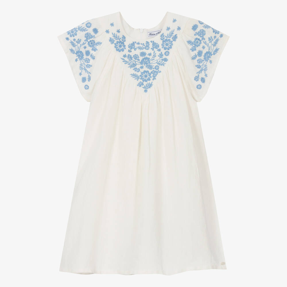 Tartine et Chocolat-Girls Ivory & Blue Floral Linen Dress | Childrensalon Outlet