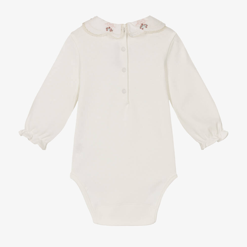 Tartine et Chocolat-Girls Ivory Bodysuit with Hand Embroidered Floral Collar | Childrensalon Outlet