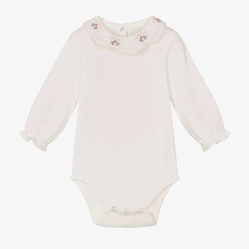 Tartine et Chocolat-Girls Ivory Bodysuit with Hand Embroidered Floral Collar | Childrensalon Outlet