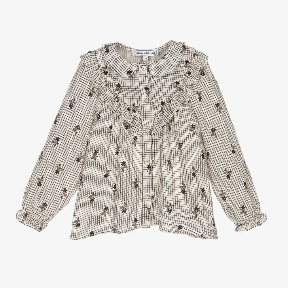 Tartine et Chocolat - Girls Ivory Check Blouse | Childrensalon