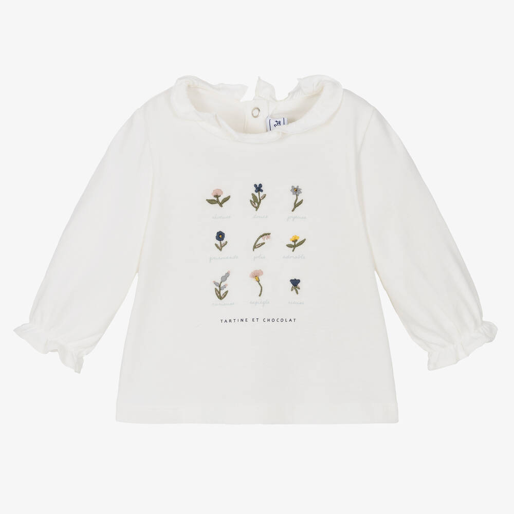 Tartine et Chocolat - Girls Ivory Cotton Floral T-Shirt | Childrensalon