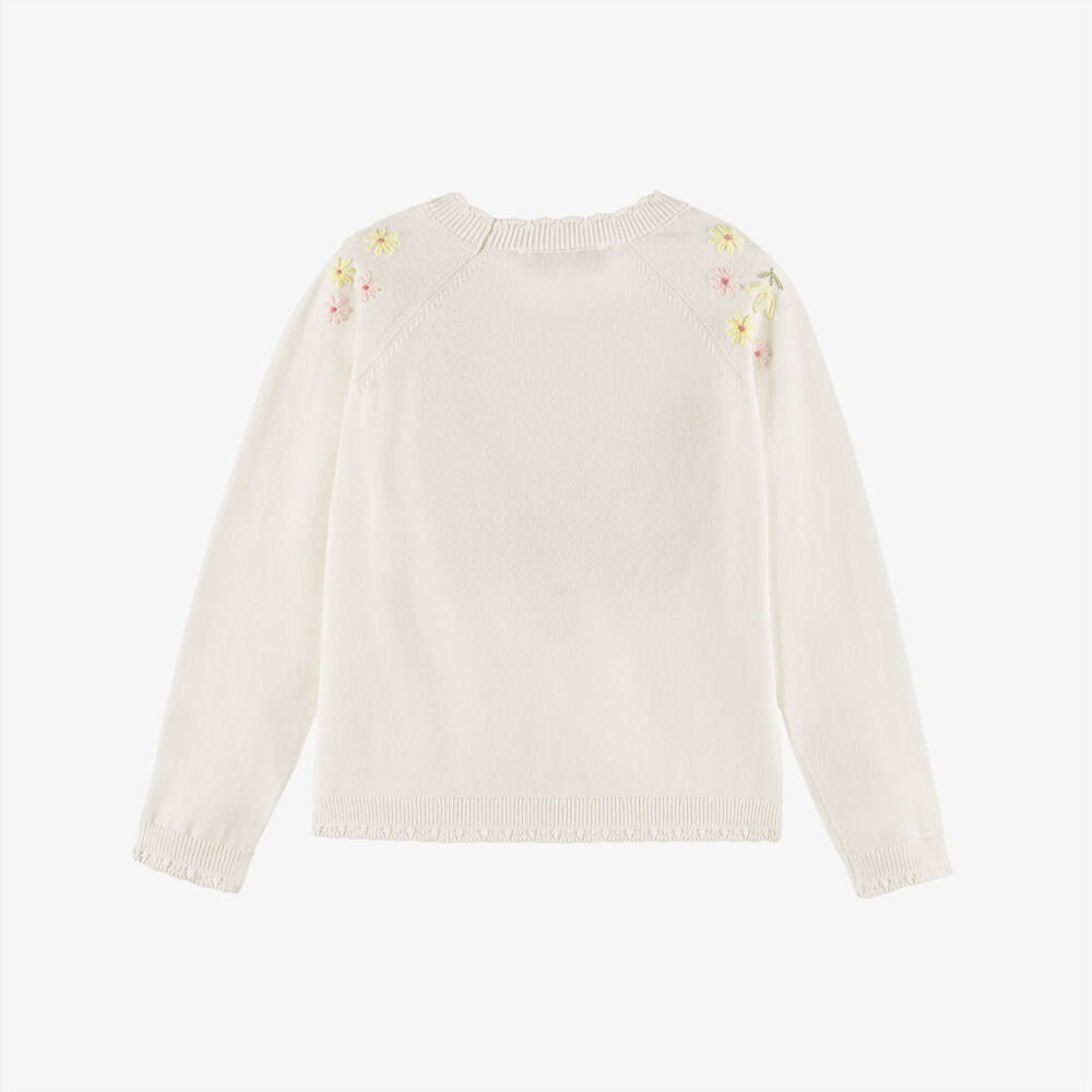 Tartine et Chocolat-Girls Ivory Cotton Knit Jumper with Hand-Embroidered Florals | Childrensalon Outlet