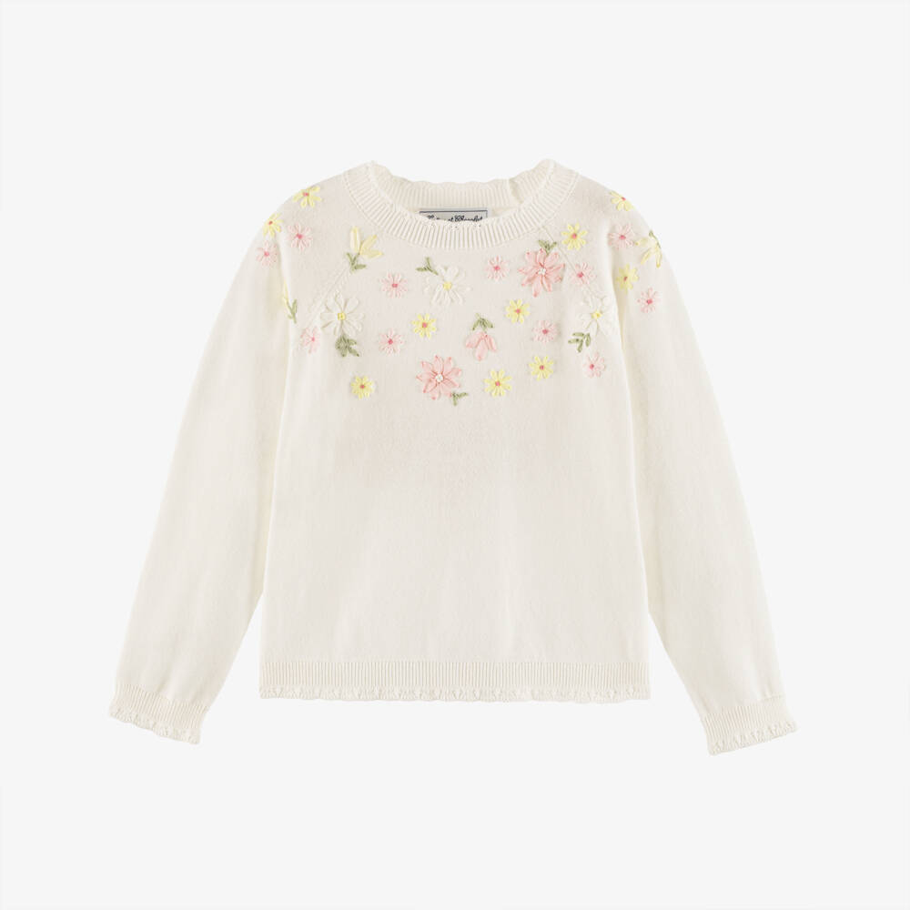 Tartine et Chocolat-Girls Ivory Cotton Knit Jumper with Hand-Embroidered Florals | Childrensalon Outlet
