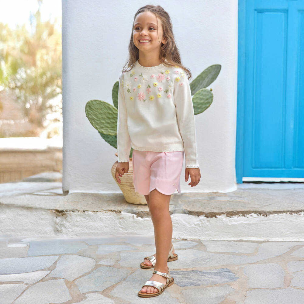 Tartine et Chocolat-Girls Ivory Cotton Knit Jumper with Hand-Embroidered Florals | Childrensalon Outlet