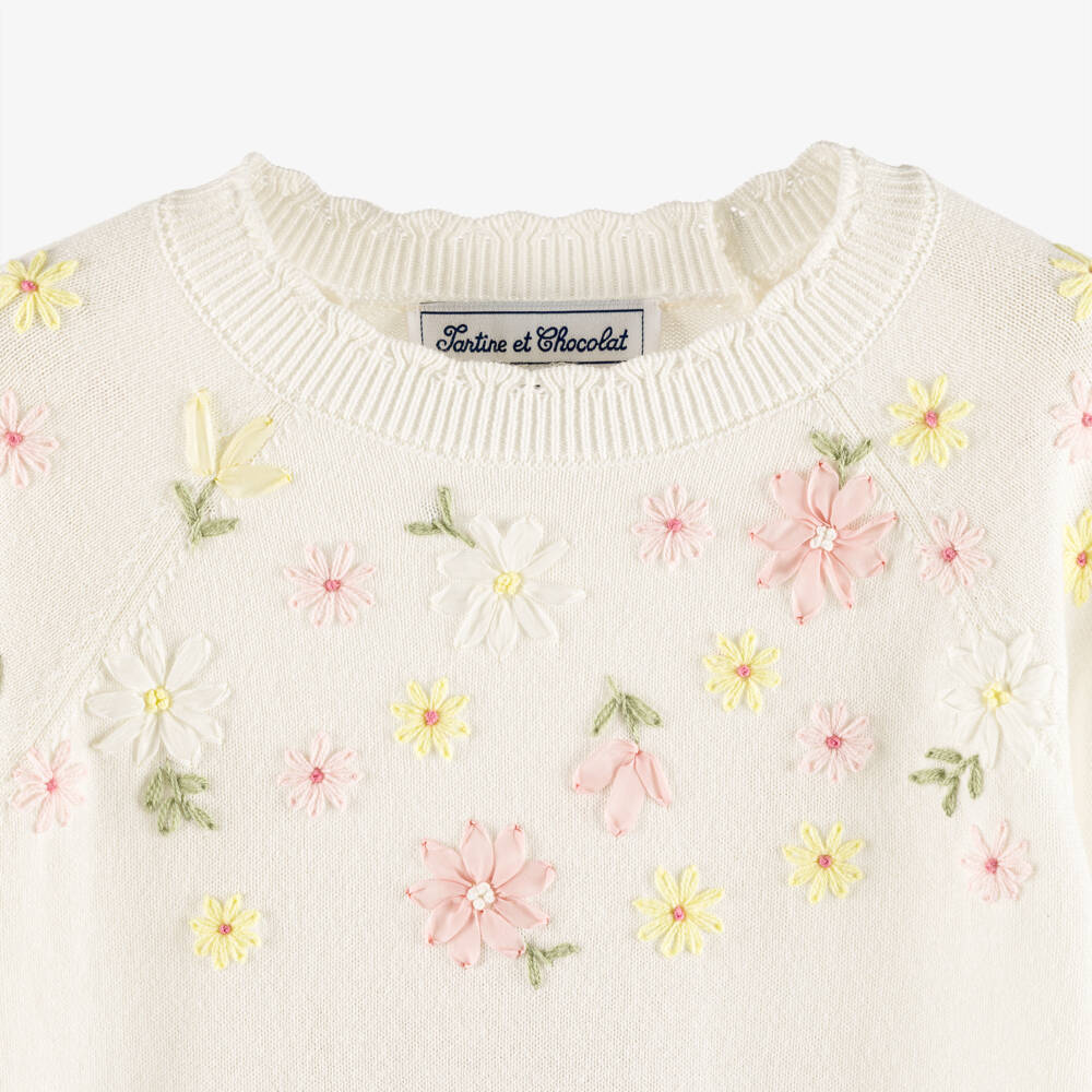 Tartine et Chocolat-Girls Ivory Cotton Knit Jumper with Hand-Embroidered Florals | Childrensalon Outlet