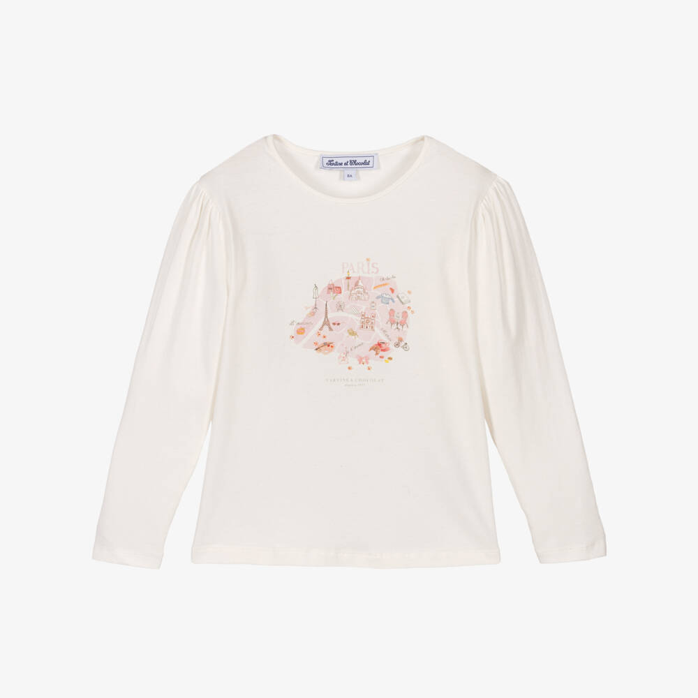 Tartine et Chocolat-Girls Ivory Cotton Paris Graphic Top | Childrensalon Outlet