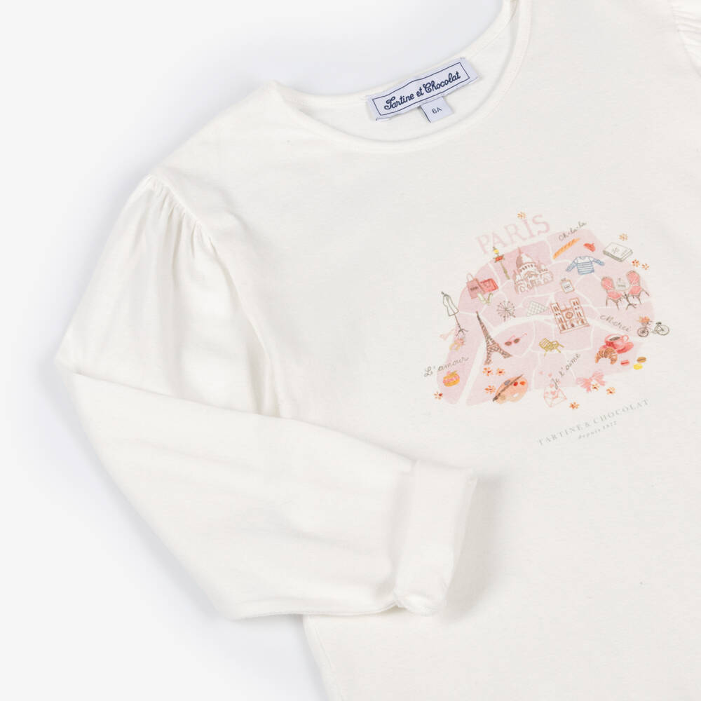 Tartine et Chocolat-Girls Ivory Cotton Paris Graphic Top | Childrensalon Outlet