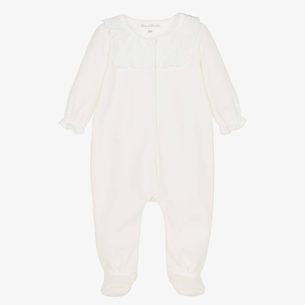 Tartine et Chocolat - Girls Ivory Cotton Velour Babygrow | Childrensalon