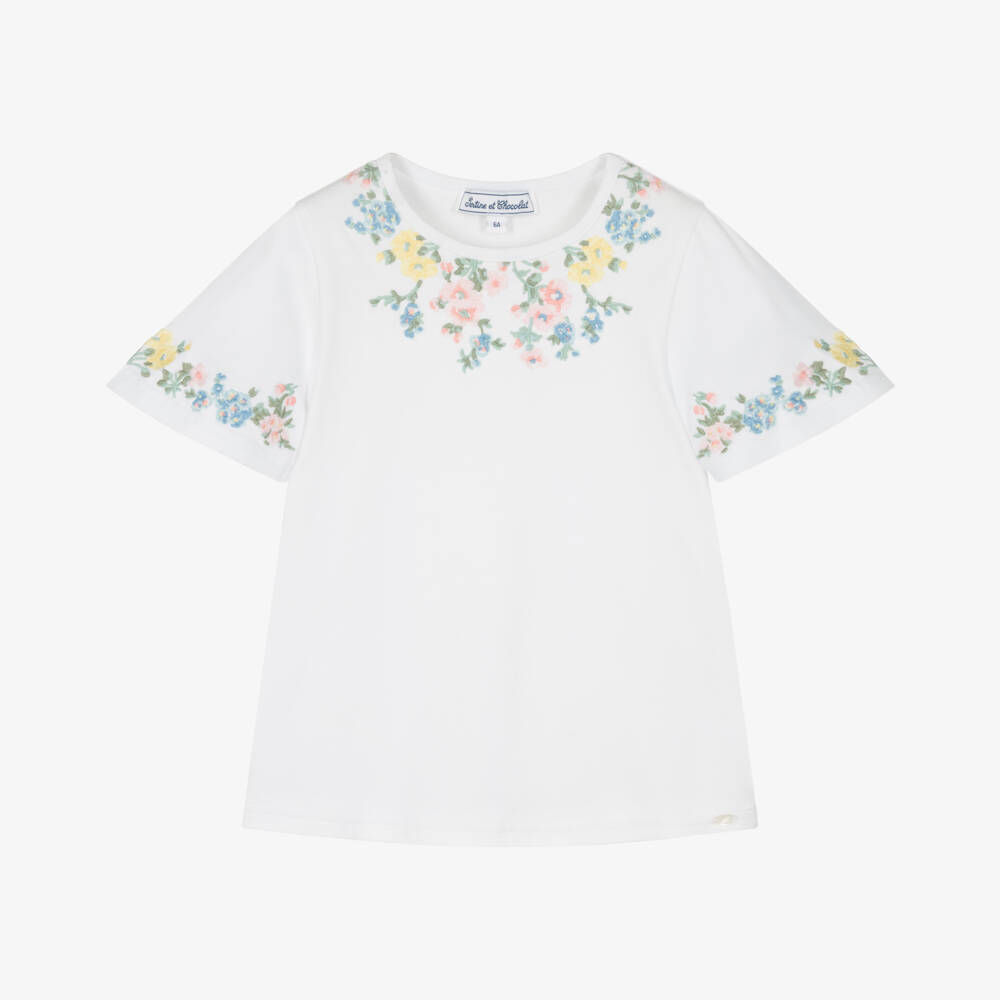 Tartine et Chocolat-Girls Ivory Floral Embroidered Tee | Childrensalon Outlet