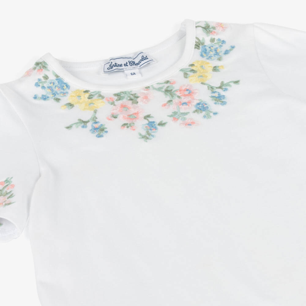 Tartine et Chocolat-Girls Ivory Floral Embroidered Tee | Childrensalon Outlet