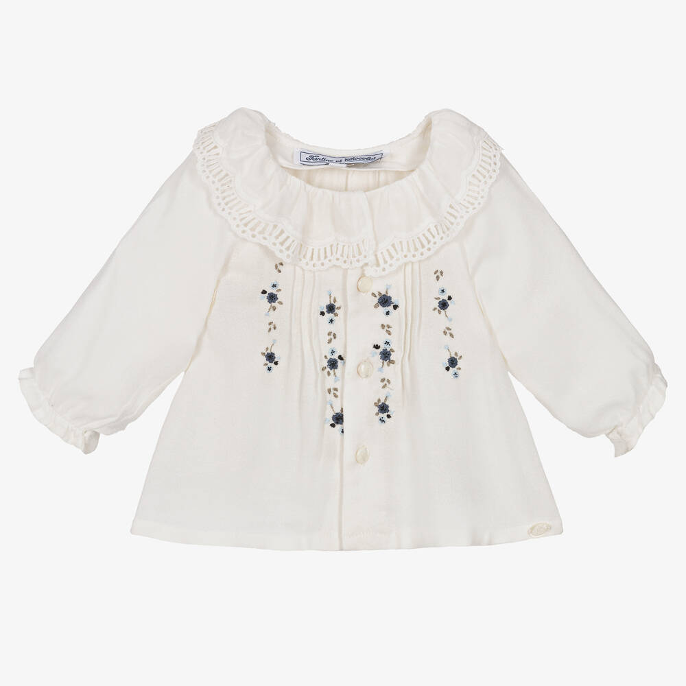 Tartine et Chocolat - Girls Ivory Floral Hand-Embroidered Blouse | Childrensalon