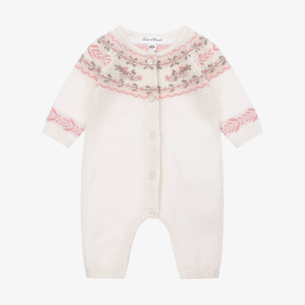 Tartine et Chocolat-Girls Ivory Floral Knit Romper | Childrensalon Outlet