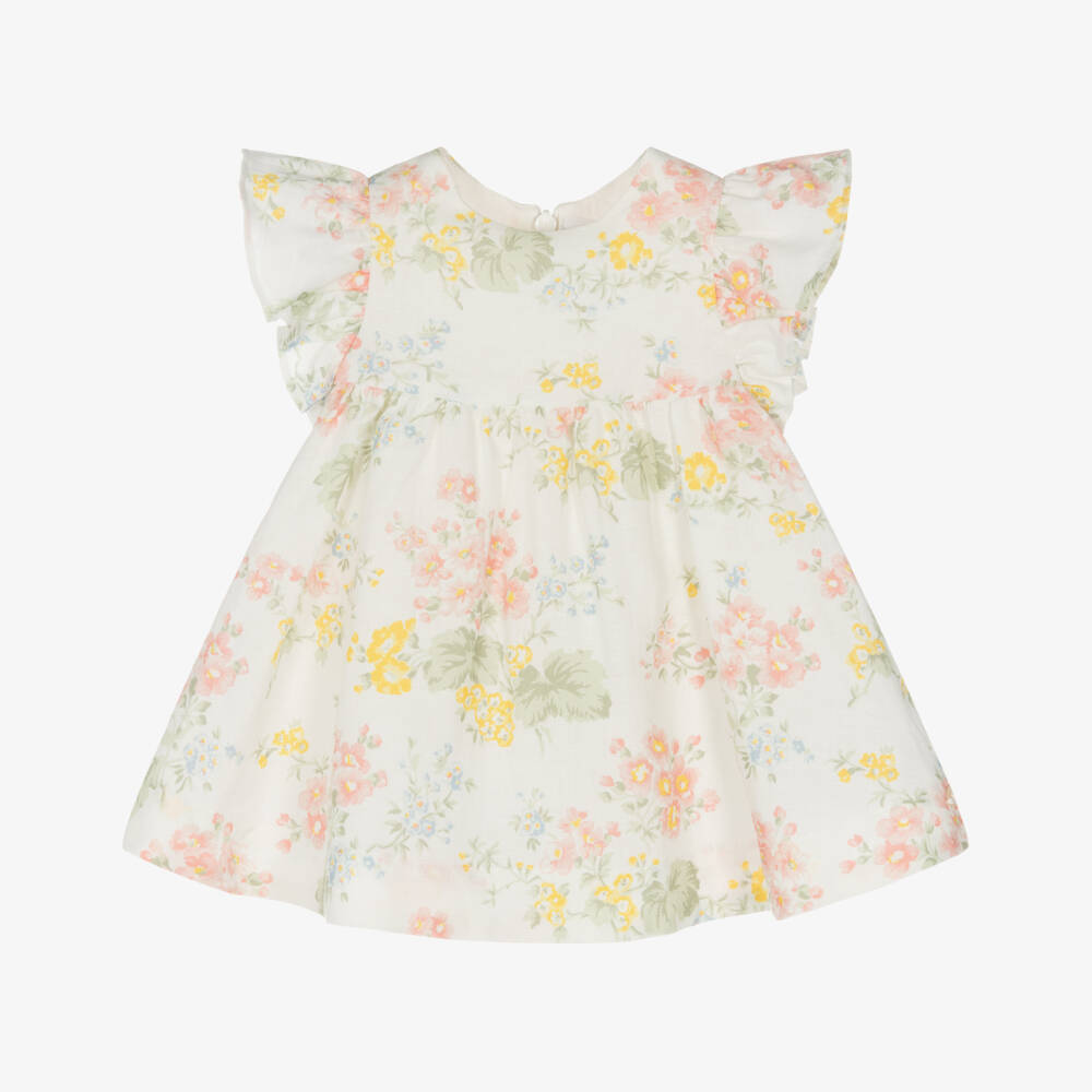 Tartine et Chocolat-Girls Ivory Floral Linen Frock | Childrensalon Outlet