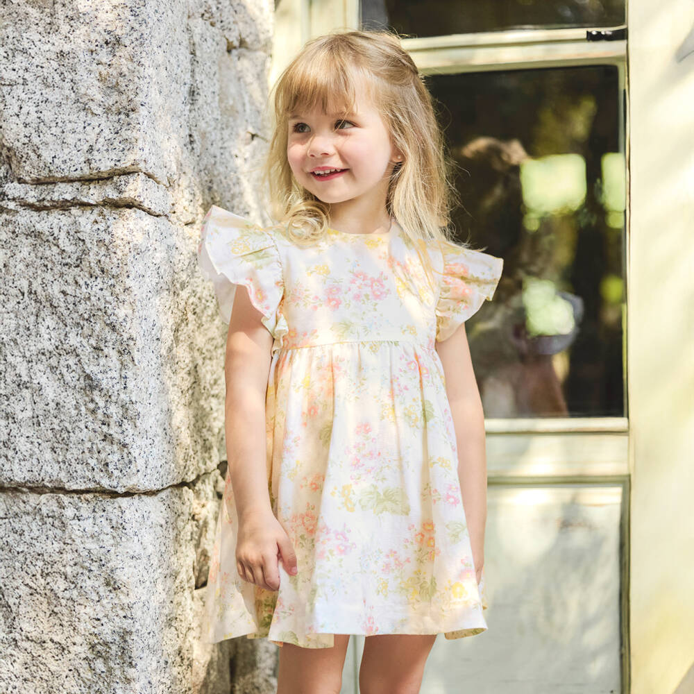 Tartine et Chocolat-Girls Ivory Floral Linen Frock | Childrensalon Outlet