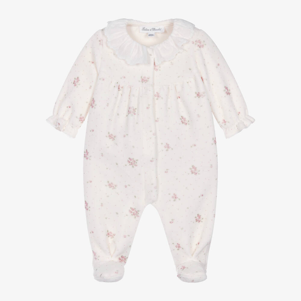 Tartine et Chocolat-Girls Ivory Floral Velour Sleepsuit | Childrensalon Outlet