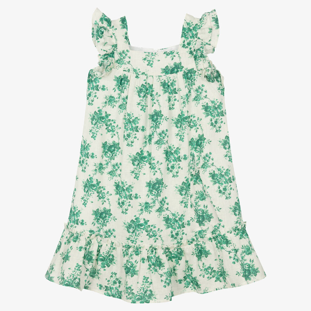 Tartine et Chocolat - Girls Ivory & Green Floral Cotton Dress | Childrensalon