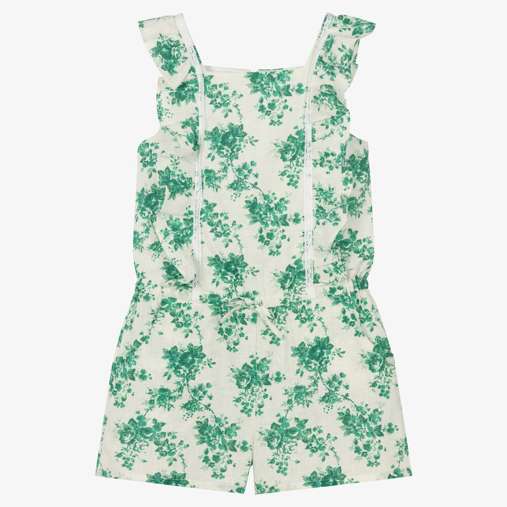 Tartine et Chocolat - Girls Ivory & Green Floral Cotton Playsuit | Childrensalon