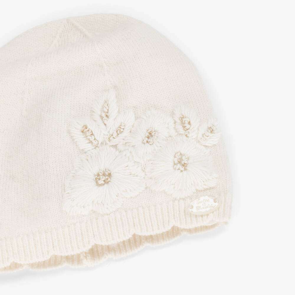 Tartine et Chocolat-Girls Ivory Knitted & Embroidered Floral Hat | Childrensalon Outlet