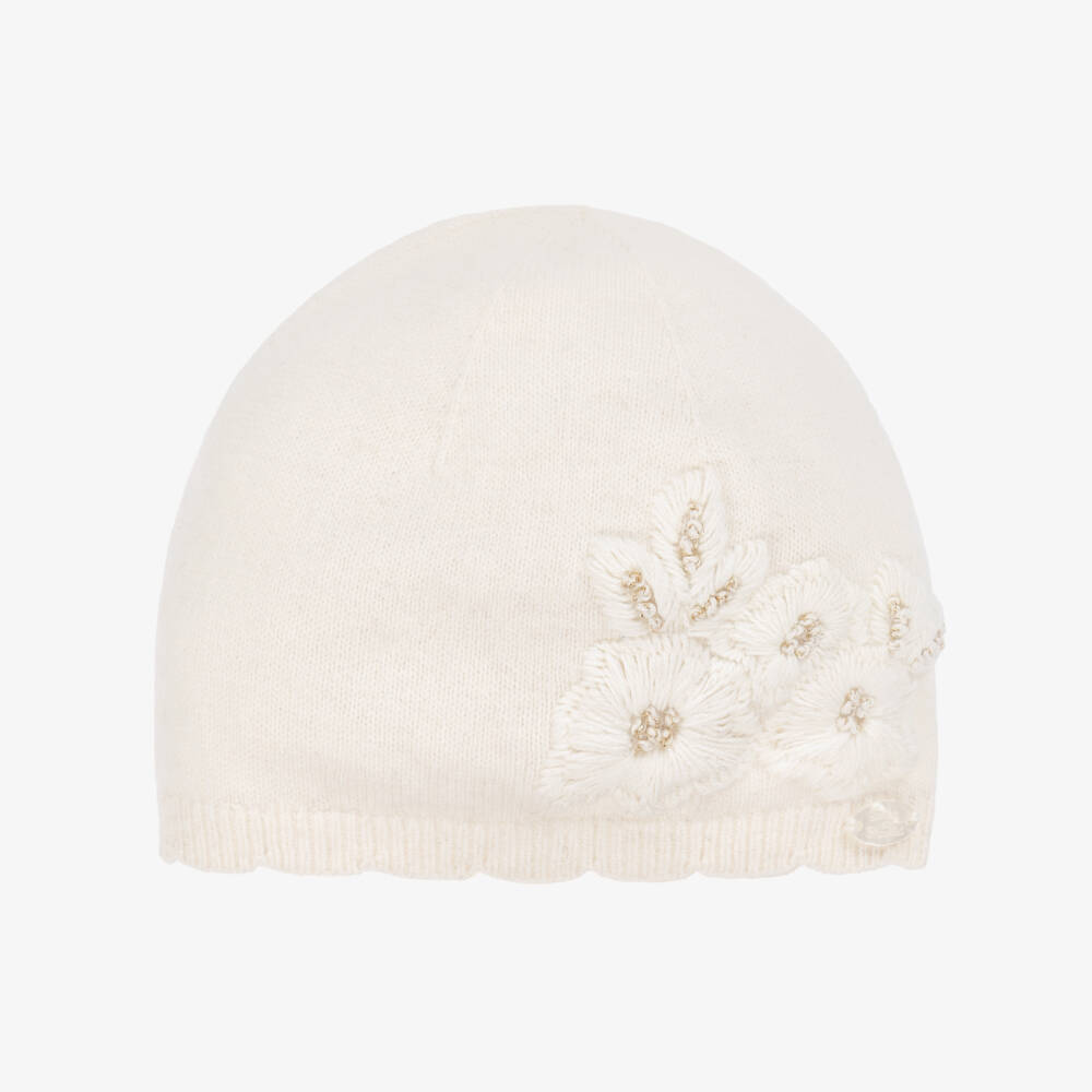 Tartine et Chocolat-Girls Ivory Knitted & Embroidered Floral Hat | Childrensalon Outlet