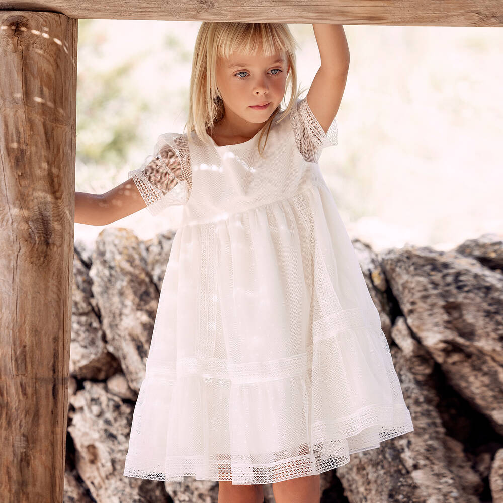 Tartine et Chocolat-Кремовое платье из тюля с кружевом | Childrensalon Outlet