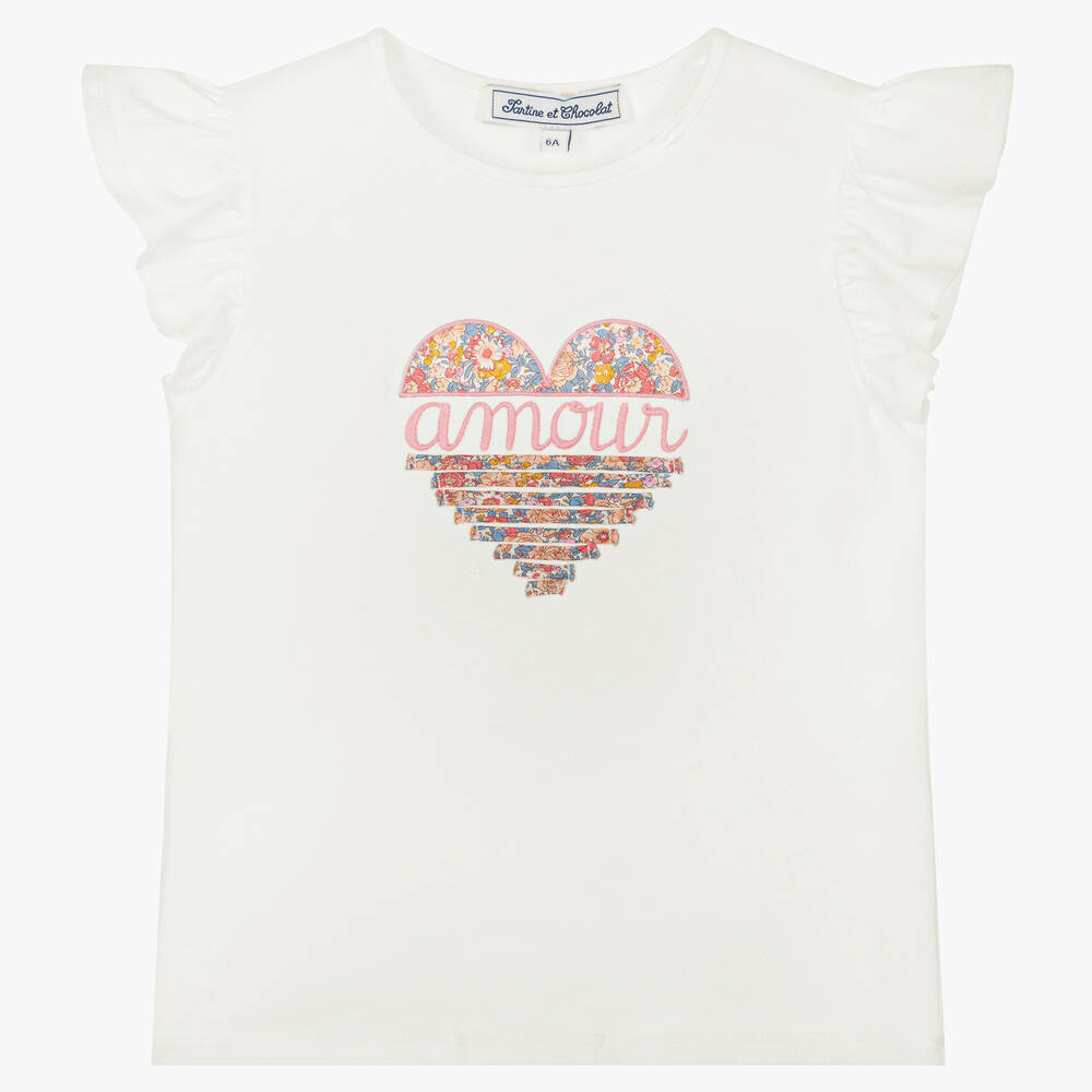 Tartine et Chocolat - T-shirt ivoire cœur imprimé Liberty | Childrensalon