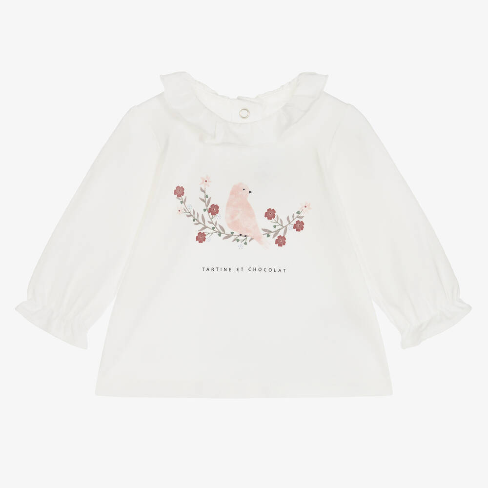 Tartine et Chocolat-Girls Ivory Modal & Cotton Top | Childrensalon Outlet