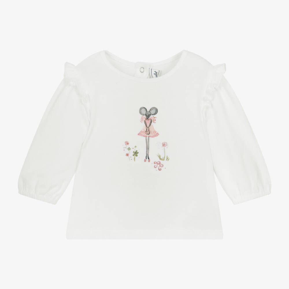 Tartine et Chocolat-Girls Ivory Mouse Long Sleeve Top | Childrensalon Outlet