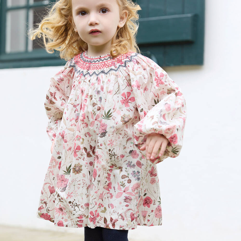 Tartine et Chocolat-Girls Ivory & Pink Floral Cotton Hand-Smocked Dress | Childrensalon Outlet