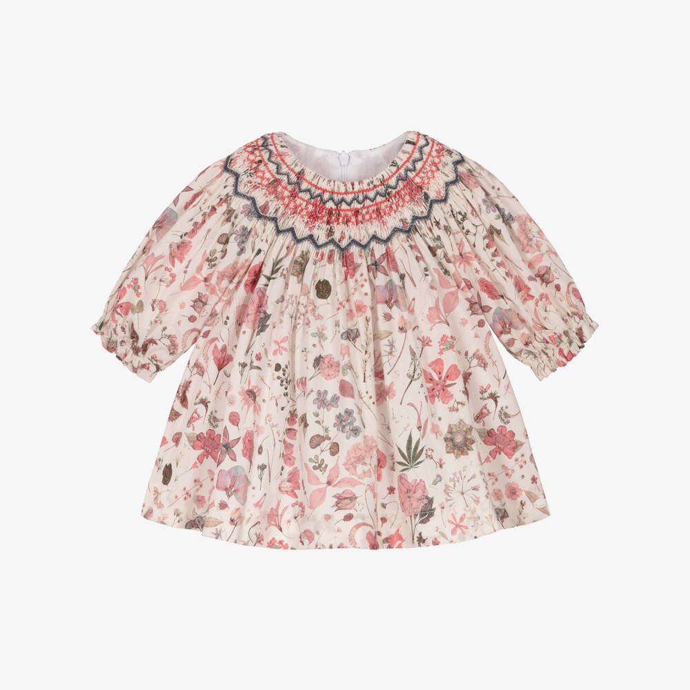 Tartine et Chocolat-Girls Ivory & Pink Floral Cotton Hand-Smocked Dress | Childrensalon Outlet