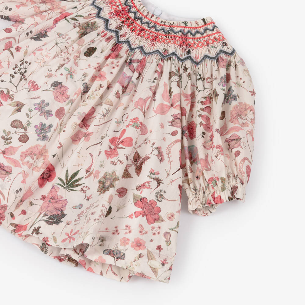 Tartine et Chocolat-Girls Ivory & Pink Floral Cotton Hand-Smocked Dress | Childrensalon Outlet