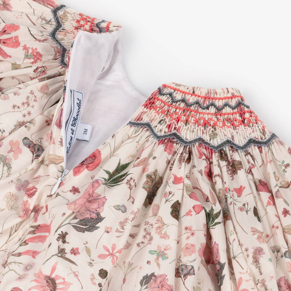 Tartine et Chocolat-Girls Ivory & Pink Floral Cotton Hand-Smocked Dress | Childrensalon Outlet