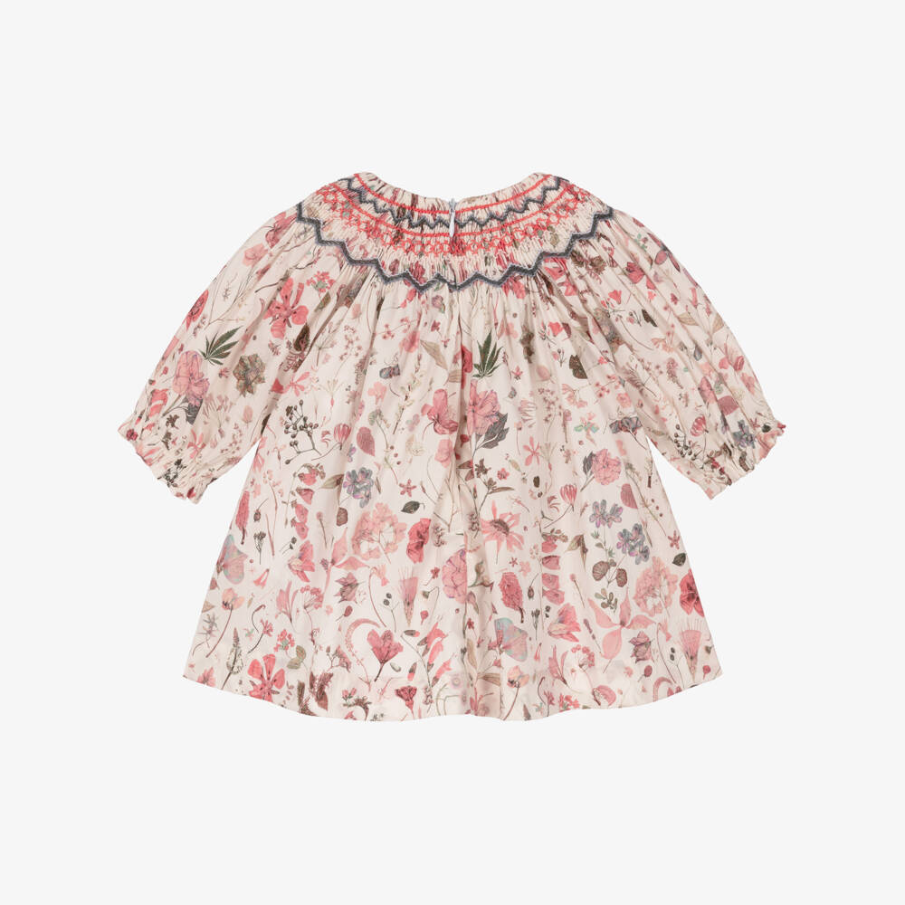 Tartine et Chocolat-Girls Ivory & Pink Floral Cotton Hand-Smocked Dress | Childrensalon Outlet