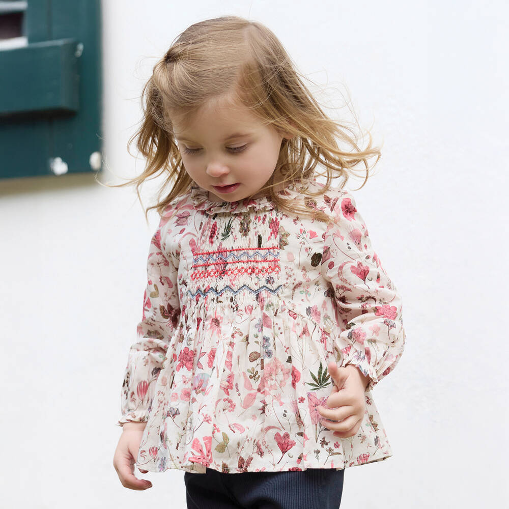 Tartine et Chocolat-Girls Ivory & Pink Floral Print Blouse | Childrensalon Outlet