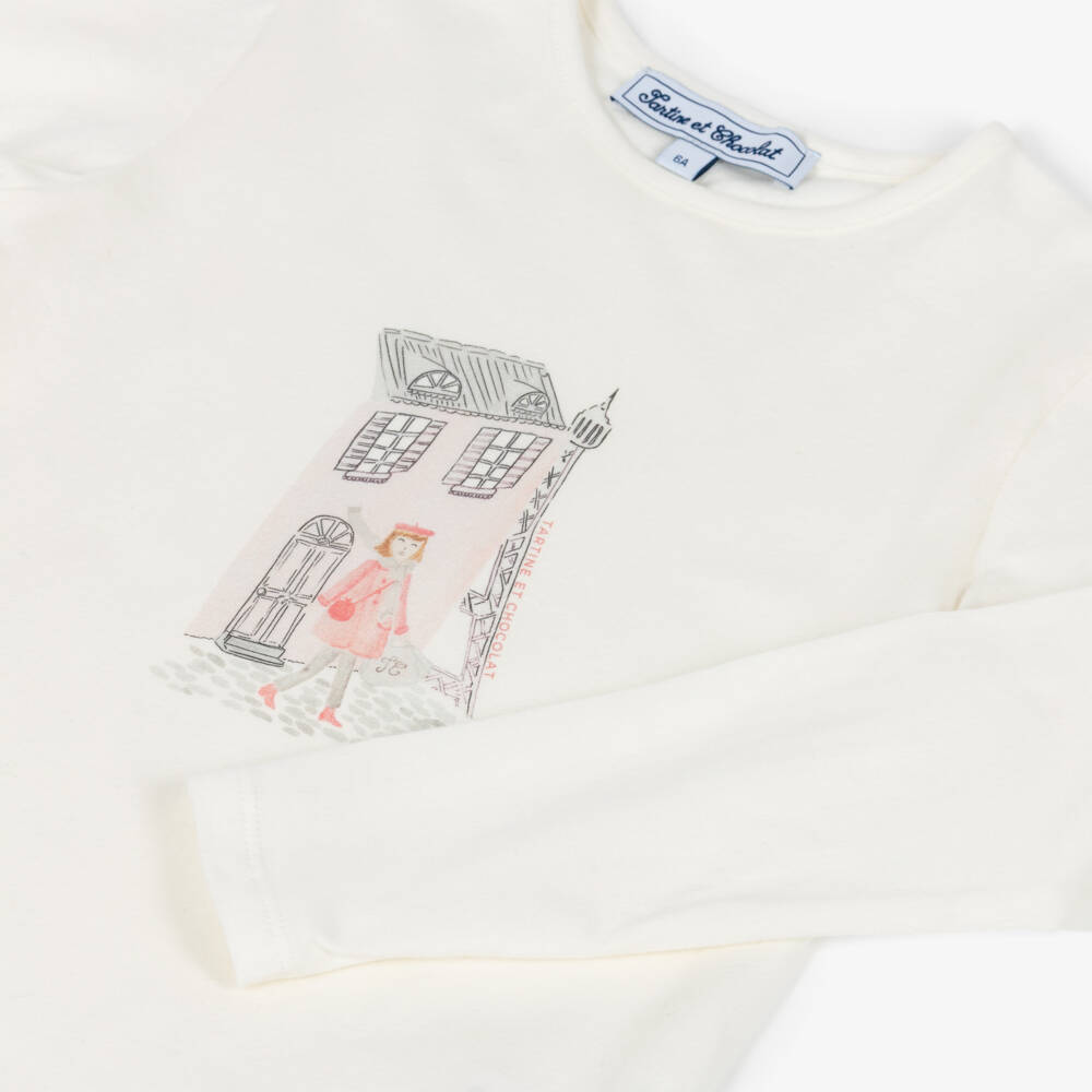 Tartine et Chocolat-Girls Ivory Printed Cotton Jersey Top | Childrensalon Outlet