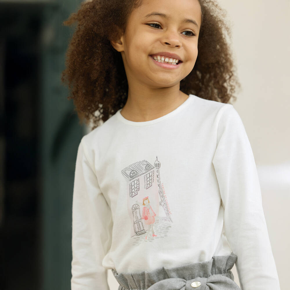 Tartine et Chocolat-Girls Ivory Printed Cotton Jersey Top | Childrensalon Outlet