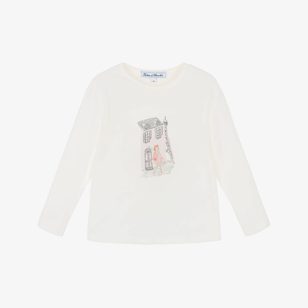 Tartine et Chocolat-Girls Ivory Printed Cotton Jersey Top | Childrensalon Outlet