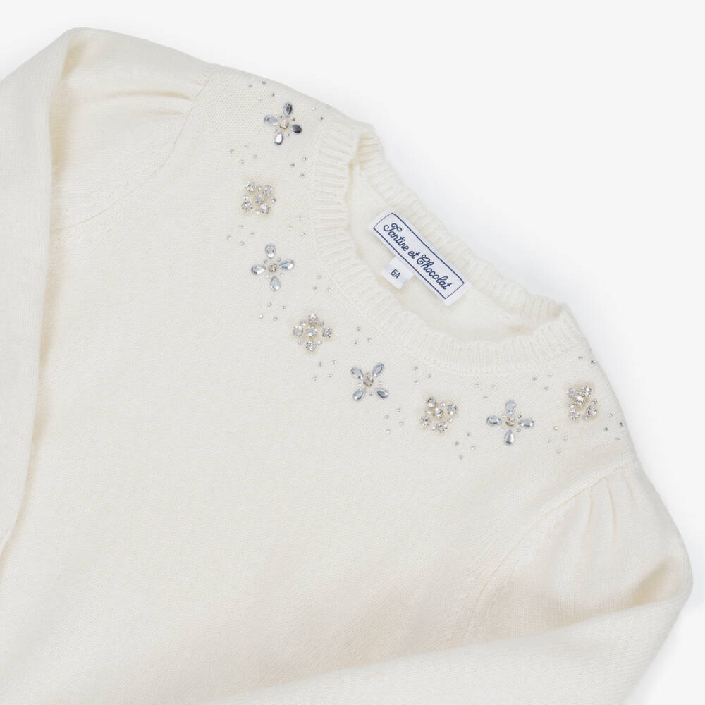 Tartine et Chocolat-Girls Ivory Rhinestone Detail Wool Jumper | Childrensalon Outlet