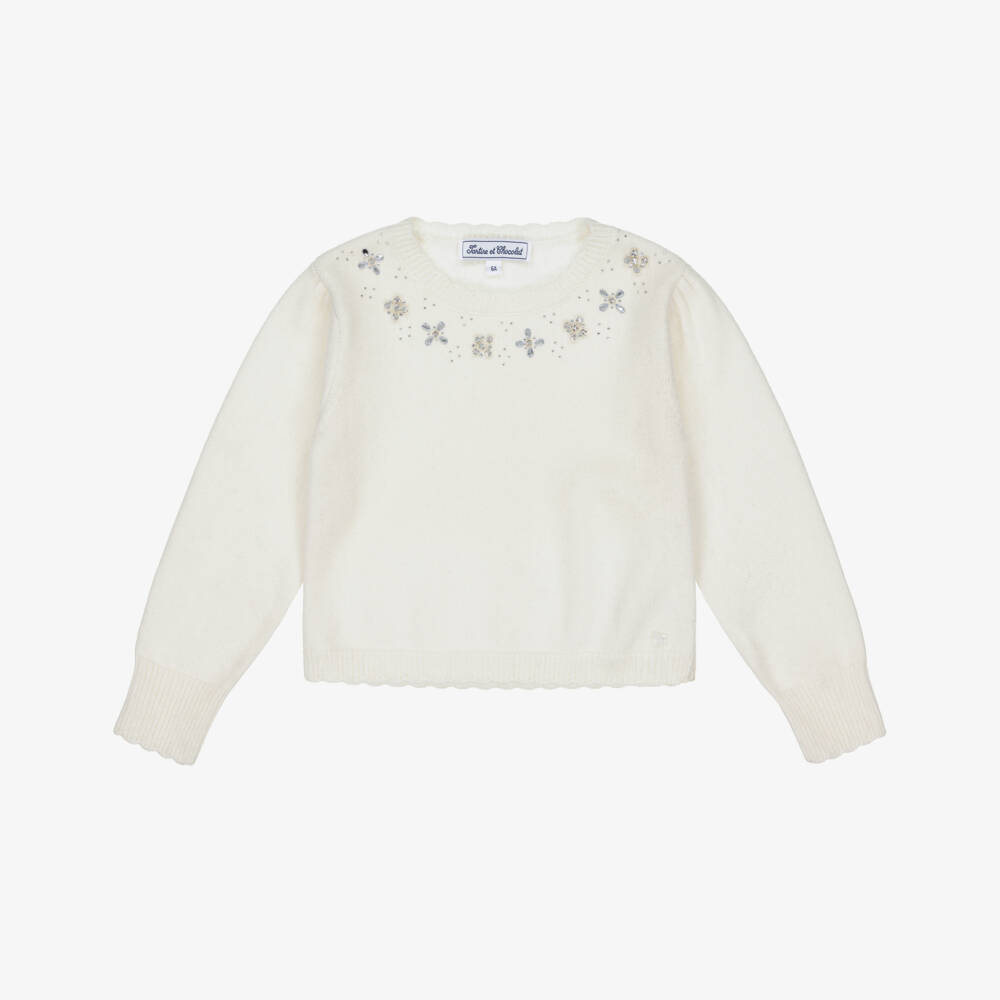 Tartine et Chocolat-Girls Ivory Rhinestone Detail Wool Jumper | Childrensalon Outlet
