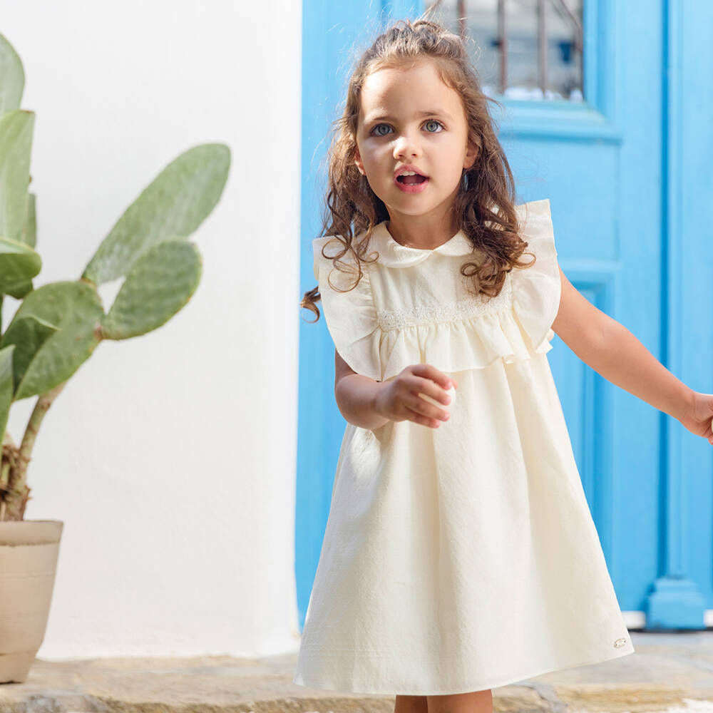Tartine et Chocolat-Girls Ivory Ruffle Dress with Lace Trim | Childrensalon Outlet