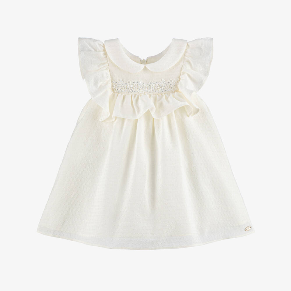 Tartine et Chocolat-Girls Ivory Ruffle Dress with Lace Trim | Childrensalon Outlet