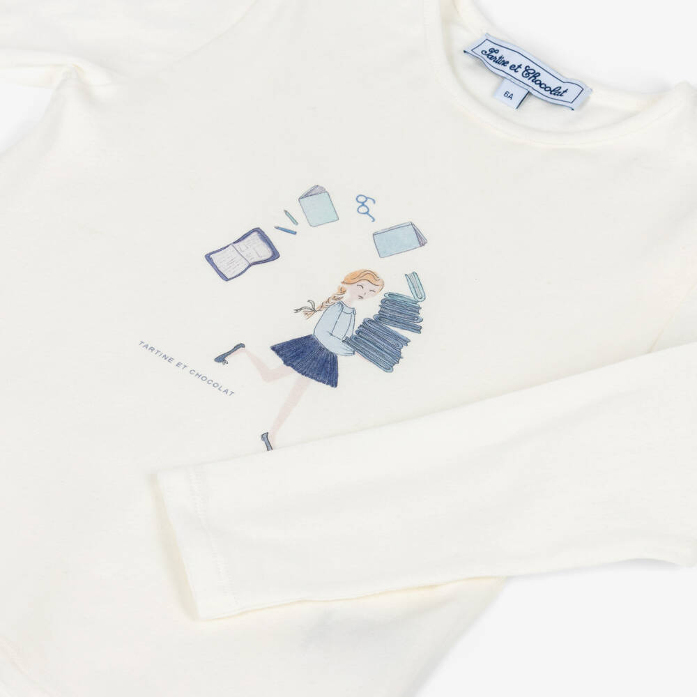 Tartine et Chocolat-Girls Ivory School Print Cotton Jersey Top | Childrensalon Outlet