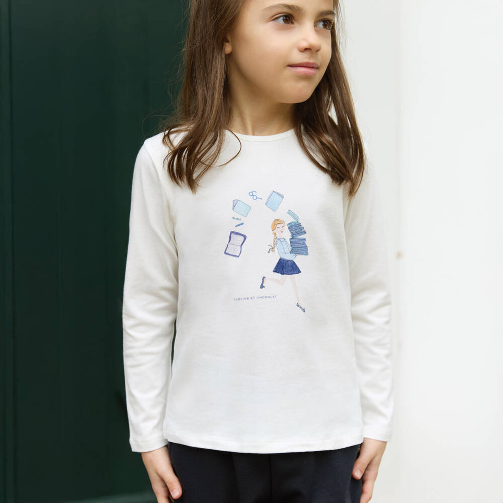 Tartine et Chocolat-Girls Ivory School Print Cotton Jersey Top | Childrensalon Outlet