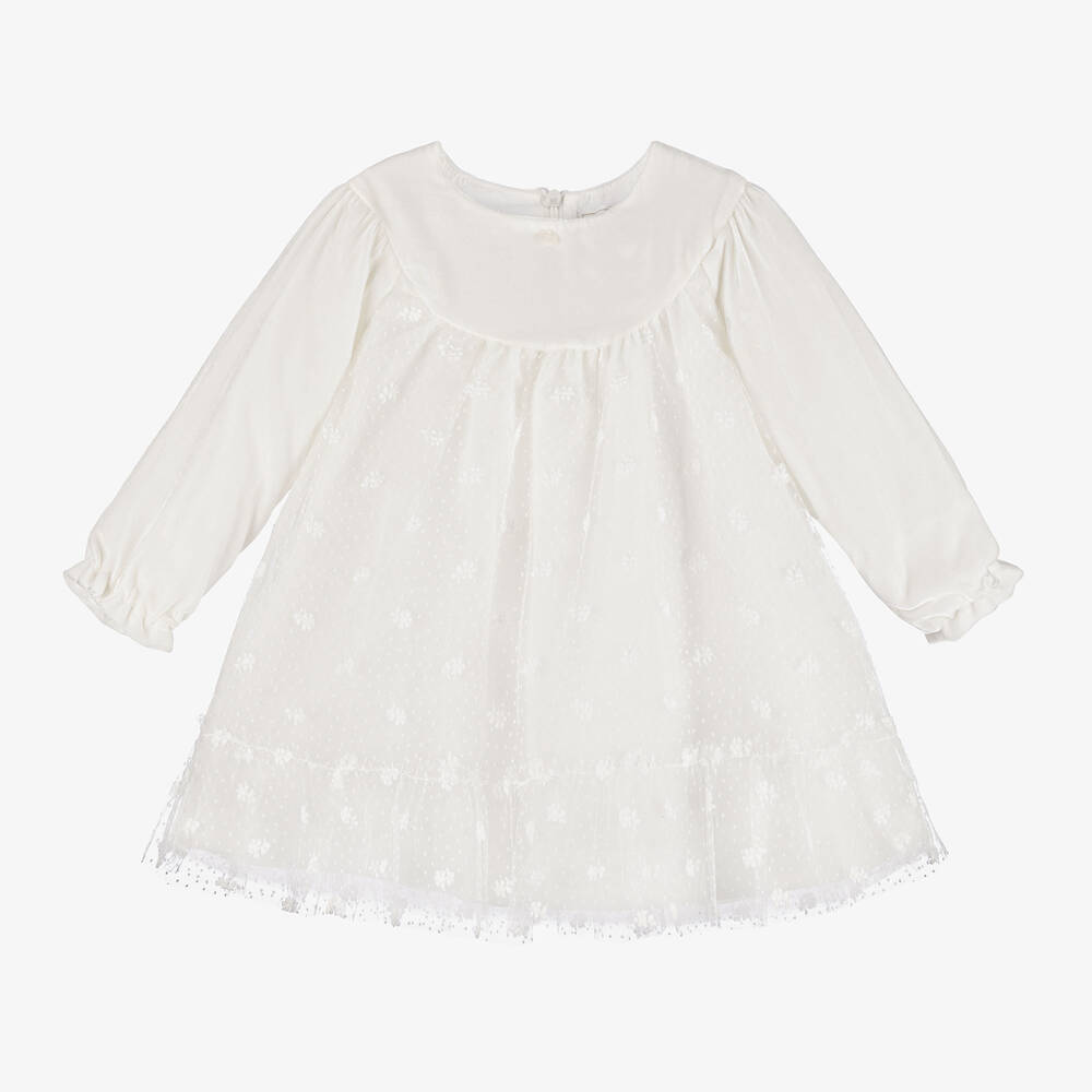 Tartine et Chocolat - Girls Ivory Silk Velvet & Tulle Dress | Childrensalon