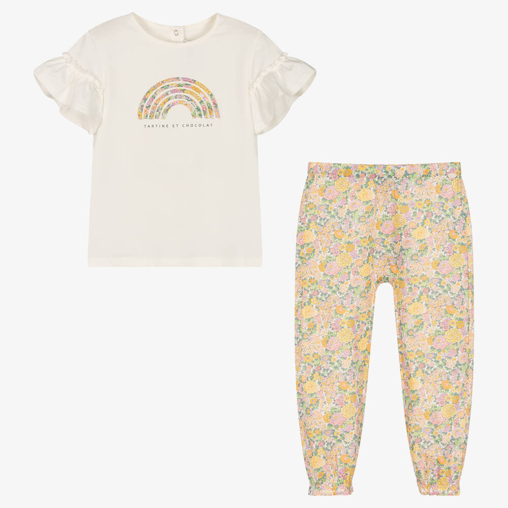 Tartine et Chocolat-طقم بنطلون قطن جيرسي لون عاجي بطبعة ورود | Childrensalon Outlet